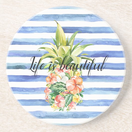 Dessous De Verre En Grès Blue White Stripes Tropical Floral Pineapple (Devant)