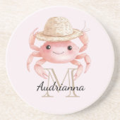 Dessous De Verre En Grès Blush Pink Crab with Hat Monogram (Devant)