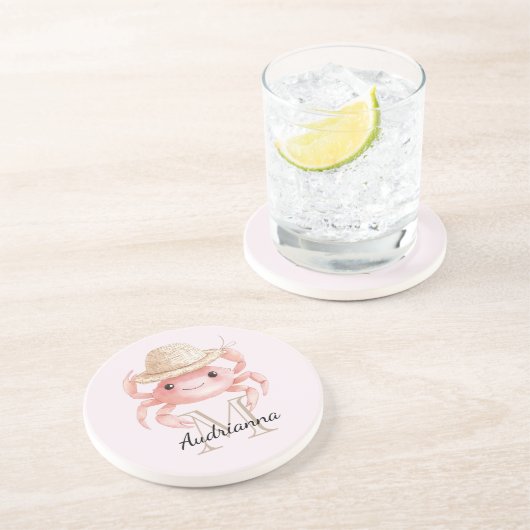 Dessous De Verre En Grès Blush Pink Crab with Hat Monogram (Côté)
