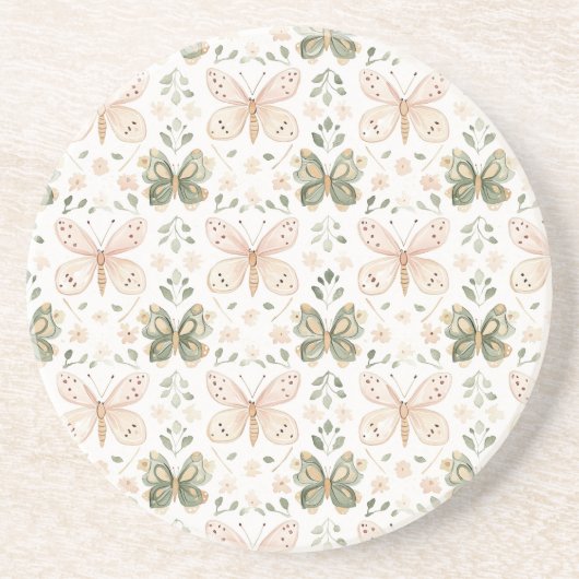 Dessous De Verre En Grès Blush Pink Mint Green Butterflies (Devant)