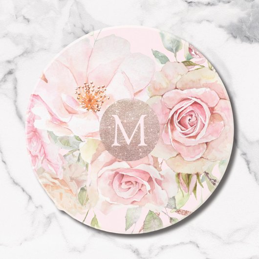 Dessous De Verre En Grès Blush Rose Gold Floral Monogrammé 