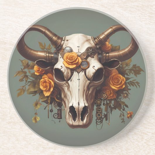 Dessous De Verre En Grès Boho Chic Aquarelle Steampunk Fleur Crâne de Vache (Devant)