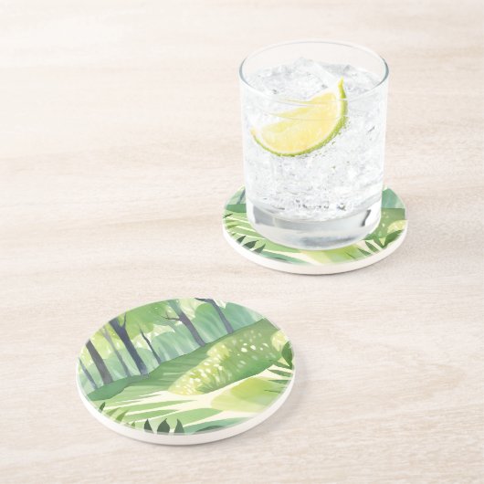 Dessous De Verre En Grès Bois Fantaisiste | Paysage Aquarelle de Forêt (Côté)