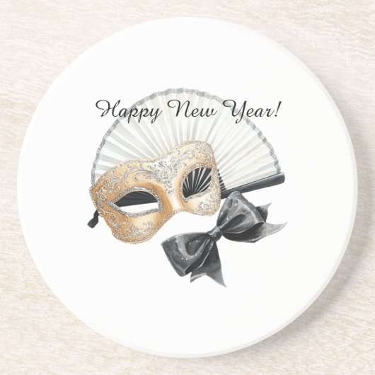 Dessous De Verre En Grès Bonne Année Masque Noir Or (Devant)