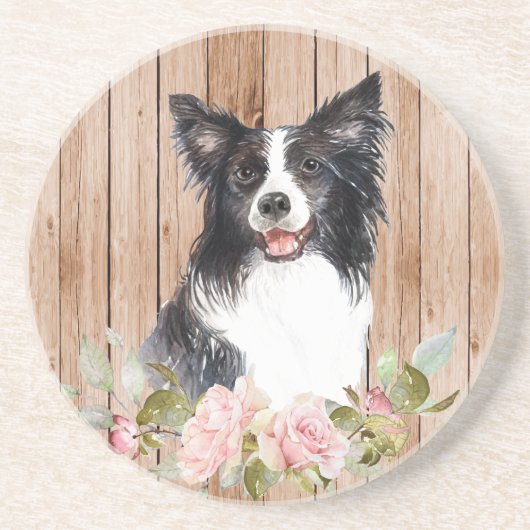 Dessous De Verre En Grès Bordure d'aquarelle Collie & Fleurs (Devant)