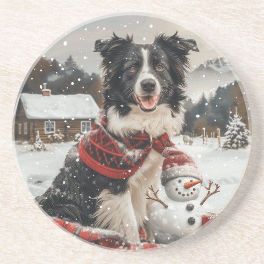 Dessous De Verre En Grès Bordure de Noël Collie Chien Snowman (Devant)