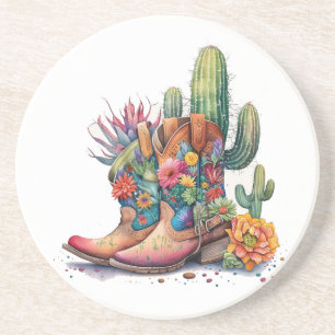 Dessous De Verre En Grès Bottes et cactus de cowgirl colorées
