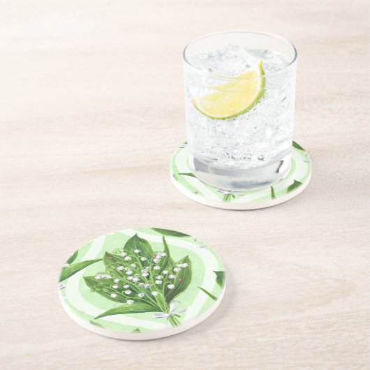 Dessous De Verre En Grès Bouquet de lys de la vallée fleurs sur vert (Côté)