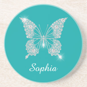 Dessous De Verre En Grès Bouton Diamant Blanc, Nom du script, Turquoise