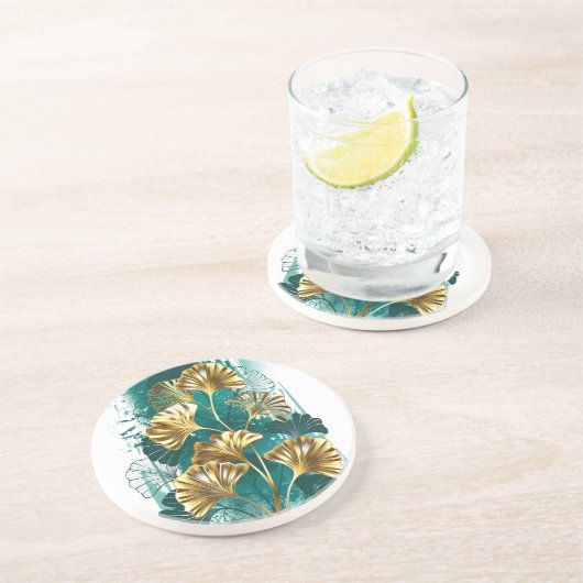 Dessous De Verre En Grès Branche avec Feuilles d'or Ginko Biloba (Côté)