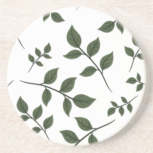 Dessous De Verre En Grès Branches de feuillage avec Feuilles verts en blanc (Devant)