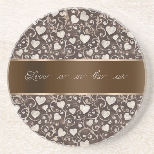 Dessous De Verre En Grès Brown Cream Hearts Ribbon   (Devant)