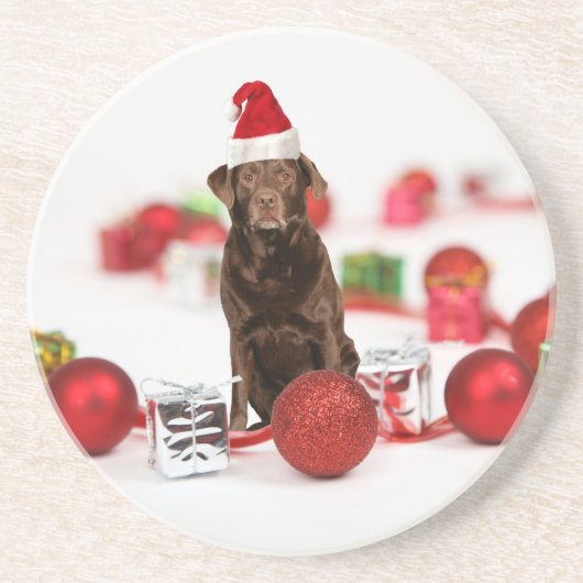 Dessous De Verre En Grès Brown Labrador Chien Noël w Cadeaux Santa Hat (Devant)