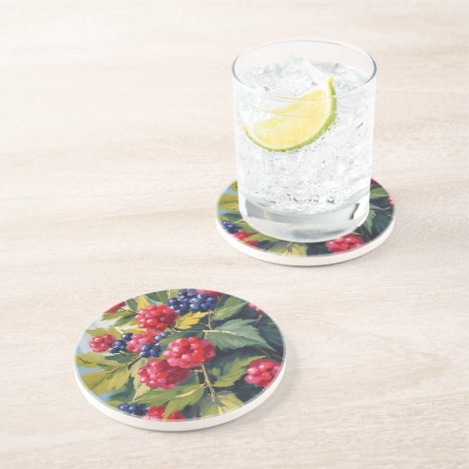 Dessous De Verre En Grès Buisson de framboises mûres aquarelle fruit (Côté)