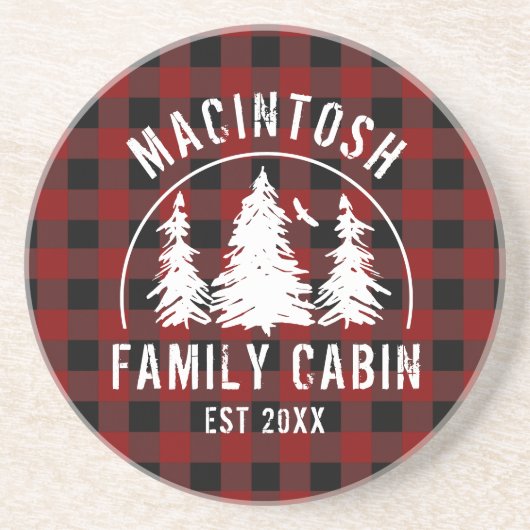 Dessous De Verre En Grès Cabine Nom de famille Red Buffalo Plaid Dessous de (Devant)