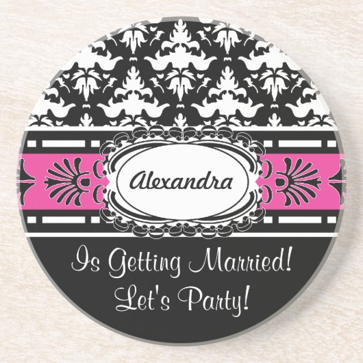 Dessous De Verre En Grès Cadeaux de Bachelorette roses et damassé noire (Devant)