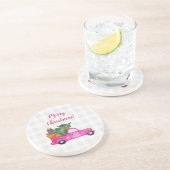 Dessous De Verre En Grès Camion Rose De Noël Avec Arbre Et Voeux (Côté)