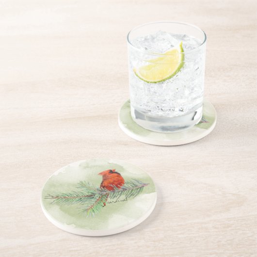 Dessous De Verre En Grès Cardinal Rouge Belle Aquarelle Rustique (Côté)