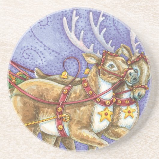 Dessous De Verre En Grès Caricature de Noël Santa Claus Sleigh Reindeer (Devant)