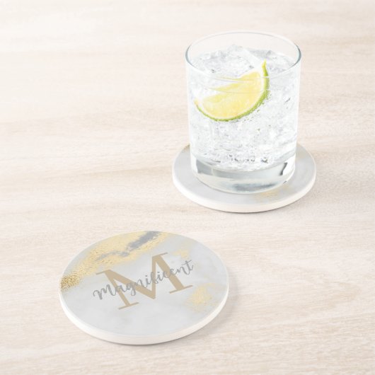 Dessous De Verre En Grès Carré Monogram Gold et Grey Marble (Côté)