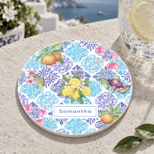 Dessous De Verre En Grès Carreaux d'azulejo méditerranéens floraux de citru