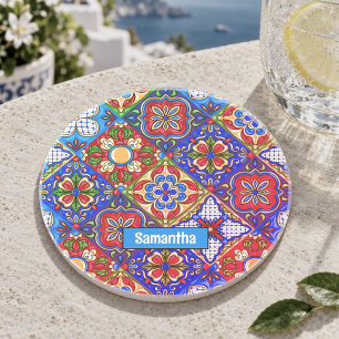 Dessous De Verre En Grès Carreaux élégants de talavera mexicaine rouge bleu