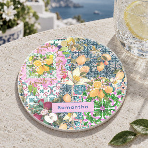 Dessous De Verre En Grès Carreaux floraux d'agrumes siciliens bleu chic