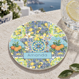 Dessous De Verre En Grès Carreaux floraux de citrouille siciliens turquoise