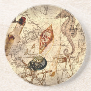 Dessous De Verre En Grès Carte nautique de plage de coquillage côtier