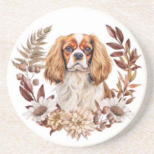 Dessous De Verre En Grès Cavalier King Charles Spaniel Automne Wreath (Devant)