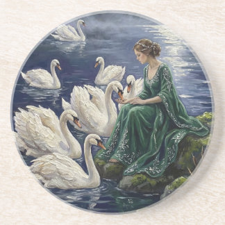 Dessous De Verre En Grès Celtic Swans Moonlit Lake Night Fantasy Art