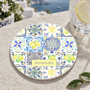 Dessous De Verre En Grès Céramique méditerranéenne sicilienne d'été citrine