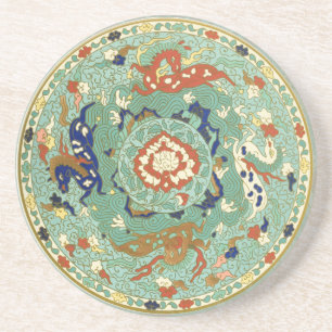 Dessous De Verre En Grès Cercle chinois antique bleu vert