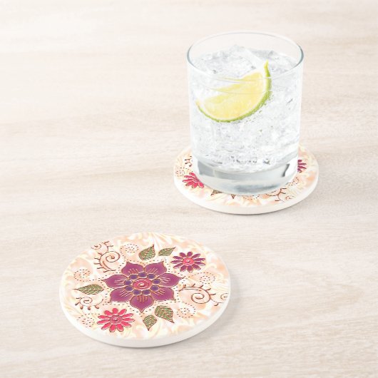Dessous De Verre En Grès Cercle De Filigree Avec Fleurs (Côté)