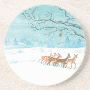 Dessous De Verre En Grès Cerf de chevreuil dans le bois d'hiver couvert de