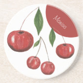 Dessous De Verre En Grès Cerises Douces Illustration Aquarelle Monogrammée (Devant)