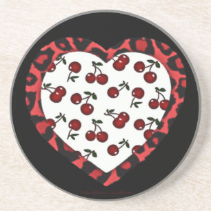 Dessous De Verre En Grès Cerises Rockabilly RAB Impression Léopard Coeur