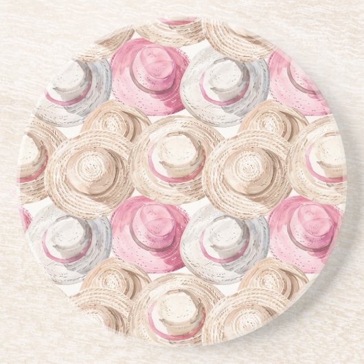 Dessous De Verre En Grès Chapeaux de paille blancs crème rose (Devant)
