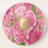 Dessous De Verre En Grès Charmant monogramme floral rose et vert en grès (Devant)