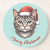 Dessous De Verre En Grès Chat de Noël mignon personnalisé avec chapeau de P (Devant)