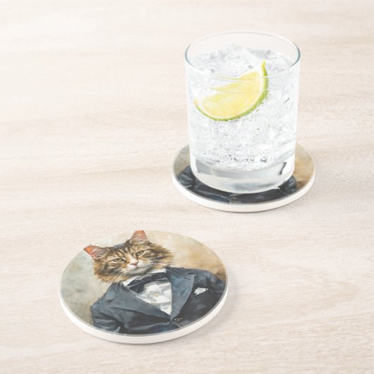 Dessous De Verre En Grès Chat en costume (Côté)