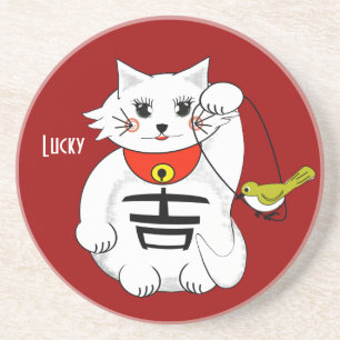 Dessous De Verre En Grès Chat Lucky - Maneki Neko - Beckoning... Dessous de