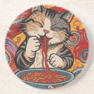 Dessous De Verre En Grès Chat mignon mangeant des spaghetti