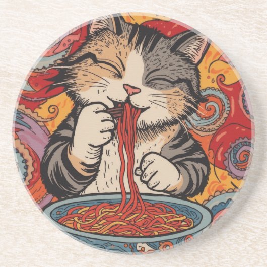Dessous De Verre En Grès Chat mignon mangeant des spaghetti  (Devant)