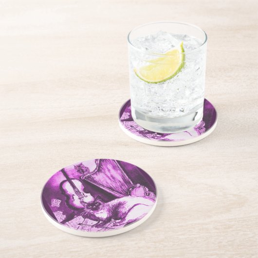 Dessous De Verre En Grès CHAT MUSICAL, Rose Fuchsia Blanc (Côté)