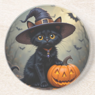 Dessous De Verre En Grès Chat noir adorable portant un chapeau de sorcière