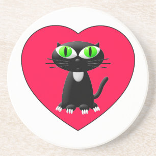 Dessous De Verre En Grès Chat noir dans le coeur rouge