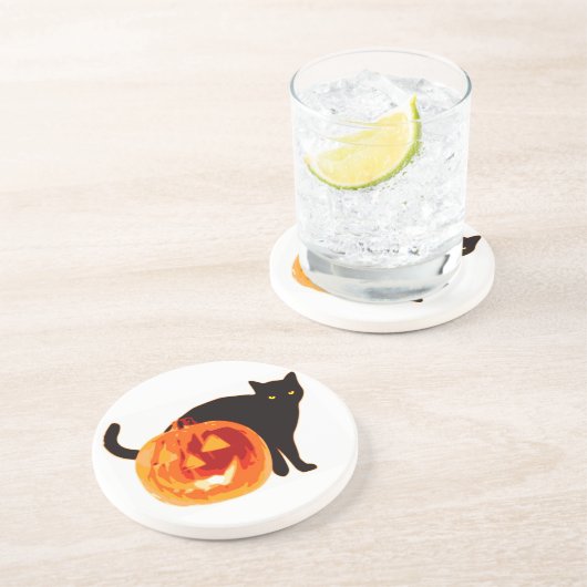 DESSOUS DE VERRE EN GRÈS CHAT NOIR HALLOWEEN ET CITROUILLE (Côté)