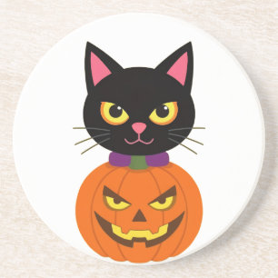 Dessous De Verre En Grès Chat noir & Jack-O''-Lanterne Halloween Éffrayant