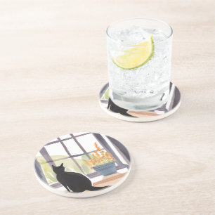 Dessous De Verre En Grès Chat sur Appui de Fenêtre Silhouette Aquarelle